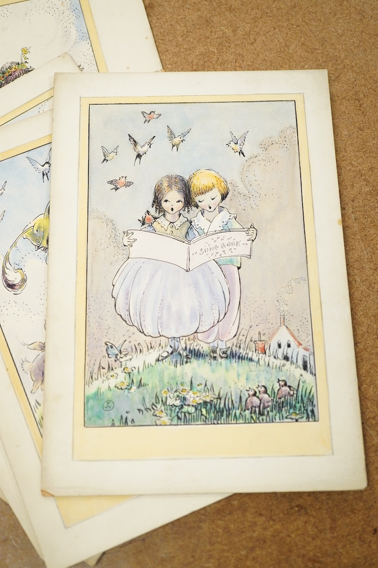 Flora White, Set of six original watercolours for children's postcard designs, to include Fairies and Children, each monogrammed, watercolours on card, unframed, largest 27 x 17cm